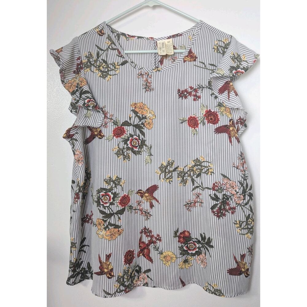 Midnight Sky Floral Sleeveless Blouse Striped Floral Birds XL Ruffle Cap Sleeve